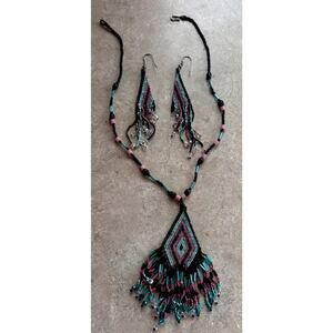 Beaded Handmade Vintage Native American Necklace & Earrings Set